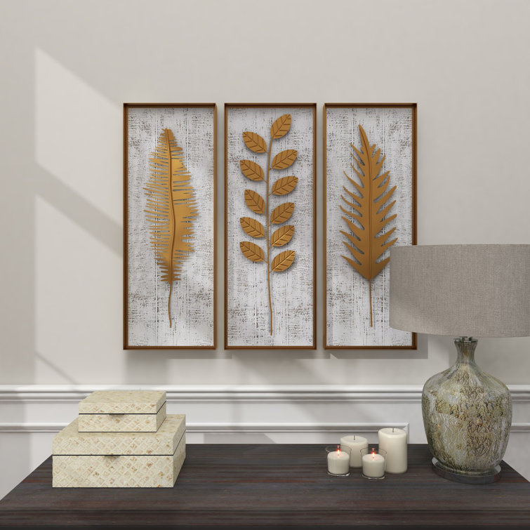 Everly Quinn Goodfellow 3 Piece Gold Metal Framed 3D Leaf Wall